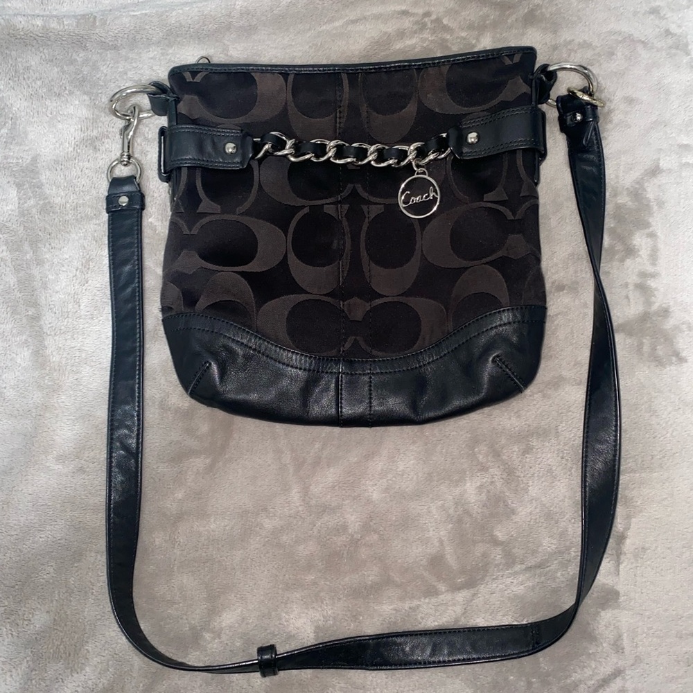 Coach Signature Canvas and Leather Black and Brown Crossbody shoulder Bag